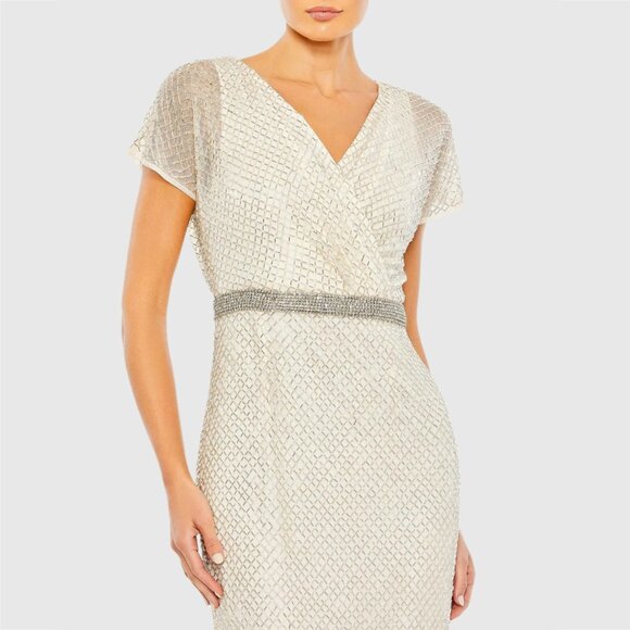 NWT Mac Duggal Beaded Short Sleeve Column Gown Nude Silver 2 #A0177 - Picture 2 of 8